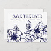 Carte Postale Faire-part Fleurs de magnolia chic | Bleu marine | Sauvegard (Devant / Derrière)