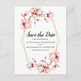 Carte Postale Faire-part Fleurs de Magnolia Rose Aquarelle
