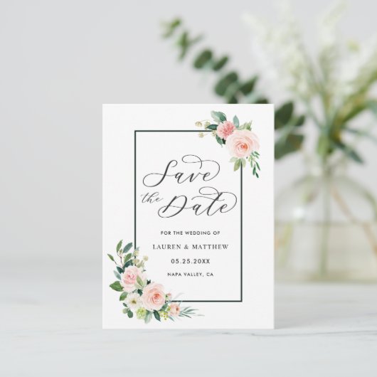 Carte Postale Faire-part Fleurs de mariage aquarelle rose tendre Enregistre (Debout devant)
