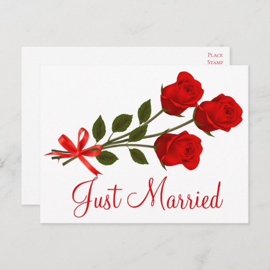 Carte Postale Faire-part Fleurs de mariage de rose rouge juste mariés (Devant / Derrière)