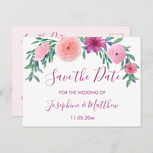 Carte Postale Faire-part Fleurs de mariage rose Save the Date (Devant / Derrière)