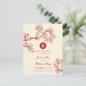 Carte Postale Faire-part Fleurs de pêcher rouges Double bonheur Enregistrez (Debout devant)