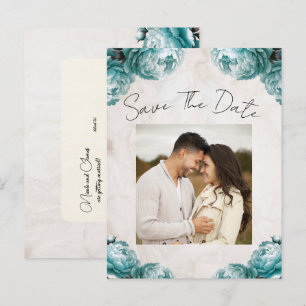 Carte Postale Faire-part Fleurs de Pivoine Turquoise Vintage Économisez la