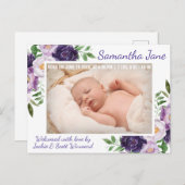 Carte Postale Faire-part Fleurs de printemps violettes aquarelle Naissance (Devant / Derrière)