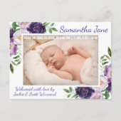 Carte Postale Faire-part Fleurs de printemps violettes aquarelle Naissance (Devant)