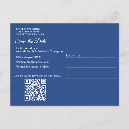 Carte Postale Faire-part Fleurs de rose blanche sur papier motif bleu (Dos)