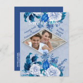 Carte Postale Faire-part Fleurs de rose blanche sur papier motif bleu (Devant / Derrière)