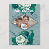 Carte Postale Faire-part Fleurs de rose vert/blanc sur papier à motif vert  (Devant)