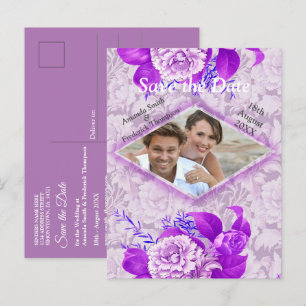 Carte Postale Faire-part Fleurs de rose violettes/blanches sur papier à mot