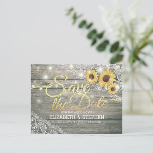 Carte Postale Faire-part Fleurs de soleil en bois rustique Mariage dentelle (Debout devant)