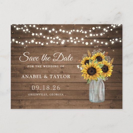 Carte Postale Faire-part Fleurs de soleil en bois rustique Mason Jar Enregi (Devant)
