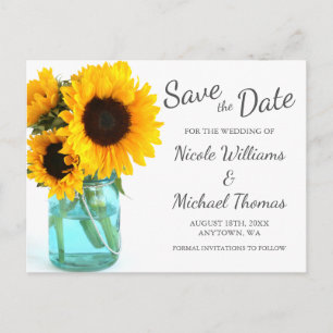 Carte Postale Faire-part Fleurs de tournesol dans un pot Mason bleu Save th