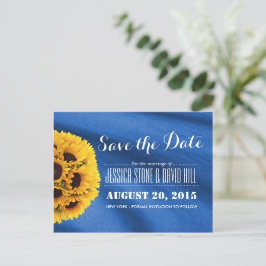 Carte Postale Faire-part Fleurs de tournesol en tissu bleu royal Enregistre (Debout devant)