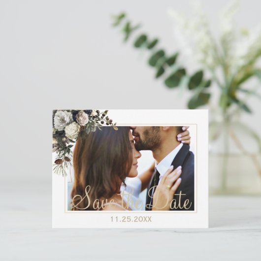 Carte Postale Faire-part Fleurs d'hiver chic PHOTO enregistrer la date mari (Debout devant)