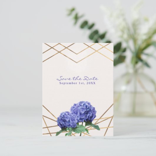 Carte Postale Faire-part Fleurs d'Hydrangea & Or Élégant Enregistrer la Dat (Debout devant)