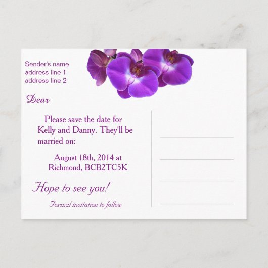 Carte Postale Faire-part Fleurs d'orchidée violette élégantes enregistrer l (Dos)