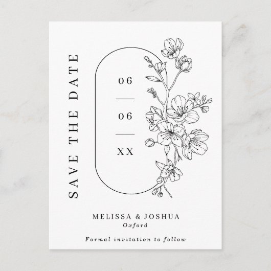 Carte Postale Faire-part Fleurs élégantes noires et blanches pour mariage,  (Devant)