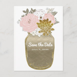 Carte Postale Faire-part Fleurs en pot Mason Rustique Rose Or Save the Date