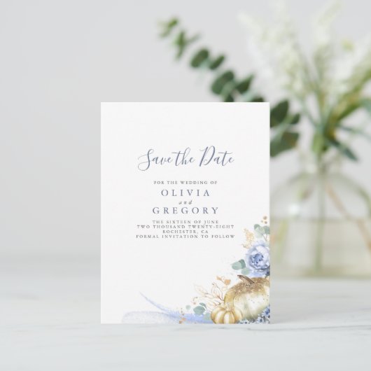 Carte Postale Faire-part Fleurs et Citrouilles bleus Dusty Enregistrer la d (Debout devant)