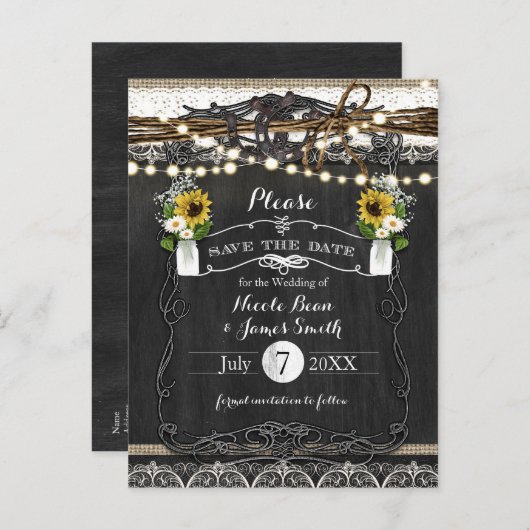 Carte Postale Faire-part Fleurs et fer à cheval rustiques Mariage Enregistr (Devant / Derrière)