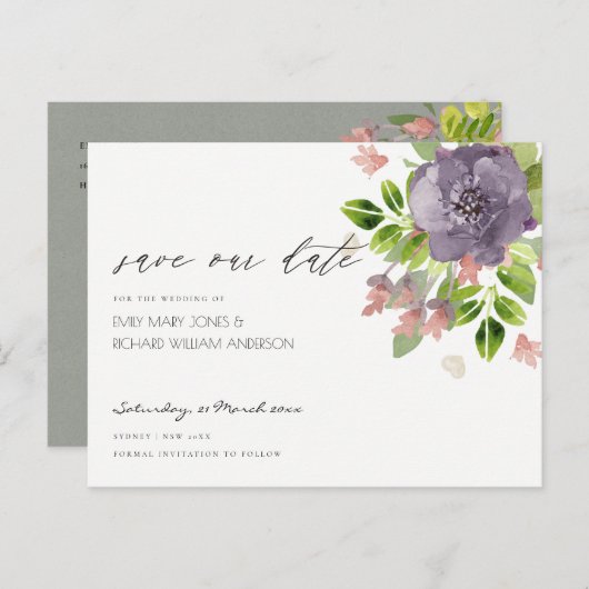 Carte Postale Faire-part FLEURS ET FEUILLAGES SAUVAGES VIOLET RUSTIQUE Enre (Devant / Derrière)