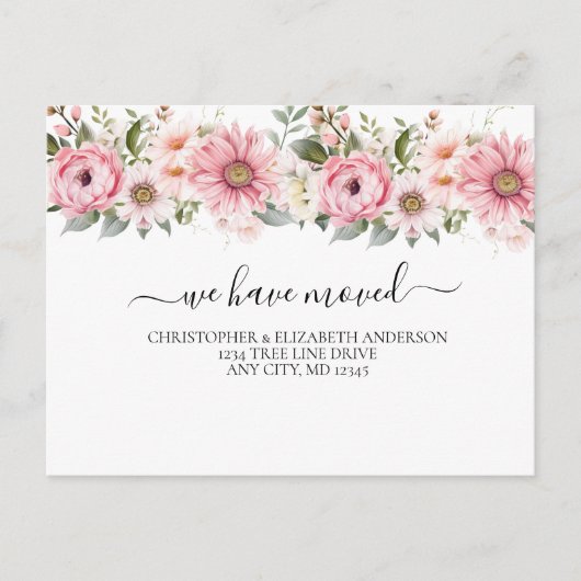Carte Postale Faire-part Fleurs florales blanches roses Script Moving (Devant)