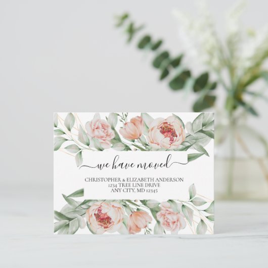 Carte Postale Faire-part Fleurs florales Pêcher Verdure Script Moving (Debout devant)