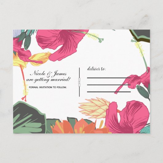 Carte Postale Faire-part Fleurs florales tropicales Feuilles chic Enregistr (Dos)