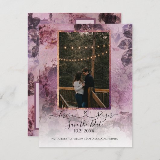 Carte Postale Faire-part Fleurs lunatiques Join Script avec photo Purple He (Devant / Derrière)