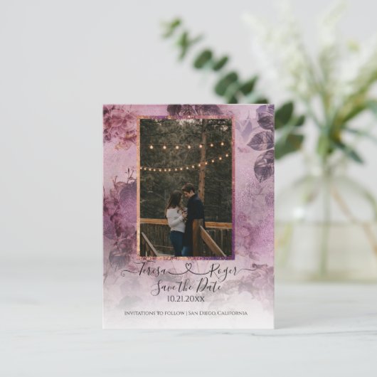 Carte Postale Faire-part Fleurs lunatiques Join Script avec photo Purple He (Debout devant)