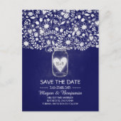 Carte Postale Faire-part Fleurs mason bocal bleu royal enregistrer la date (Devant)