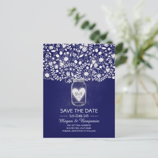 Carte Postale Faire-part Fleurs mason bocal bleu royal enregistrer la date (Debout devant)