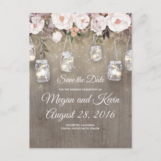 Carte Postale Faire-part Fleurs Mason Jar Lights Rustique Enregistrer la da (Devant)
