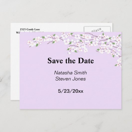 Carte Postale Faire-part Fleurs mauves et blanches Enregistrer la date (Devant / Derrière)