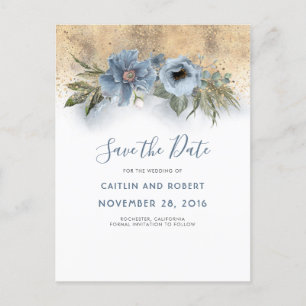 Carte Postale Faire-part Fleurs pailletées or et bleu poussiéreux Enregistr
