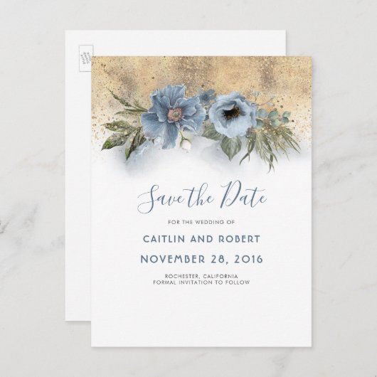 Carte Postale Faire-part Fleurs pailletées or et bleu poussiéreux Enregistr (Devant / Derrière)