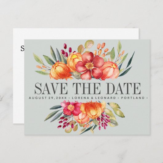 Carte Postale Faire-part Fleurs peintes Mariage gris enregistrer la date (Devant / Derrière)