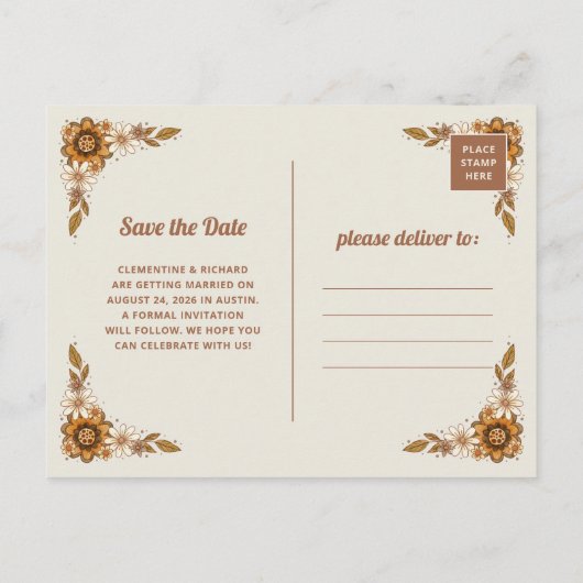 Carte Postale Faire-part Fleurs rétro | Code QR Mariage Enregistrer la date (Dos)