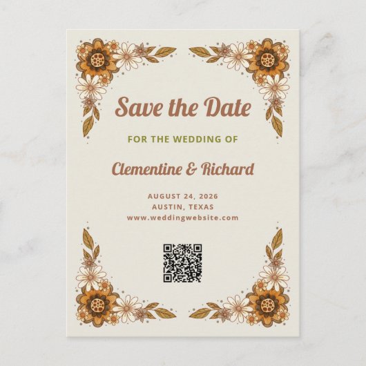 Carte Postale Faire-part Fleurs rétro | Code QR Mariage Enregistrer la date (Devant)