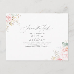 Carte Postale Faire-part Fleurs Rose Clair Élégant Enregistrer La Date