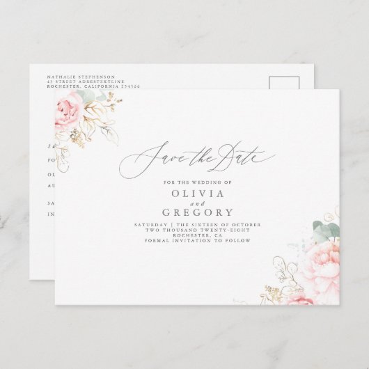 Carte Postale Faire-part Fleurs Rose Clair Élégant Enregistrer La Date (Devant / Derrière)