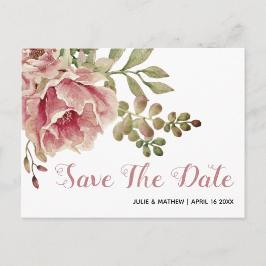 Carte Postale Faire-part Fleurs rose poussiéreux mariage Save the Date (Devant)