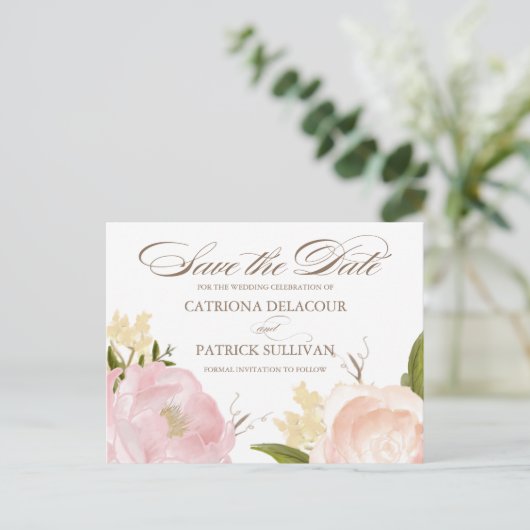 Carte Postale Faire-part Fleurs roses aquarelles romantiques Save The Date (Debout devant)