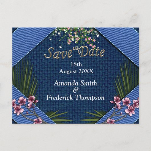 Carte Postale Faire-part Fleurs roses en tissu bleu (Devant)