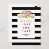 Carte Postale Faire-part Fleurs roses et rayures mariage Save the Date (Devant / Derrière)