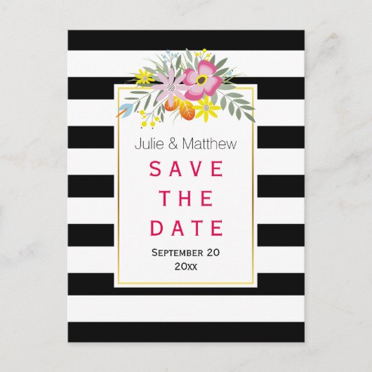 Carte Postale Faire-part Fleurs roses et rayures mariage Save the Date (Devant)