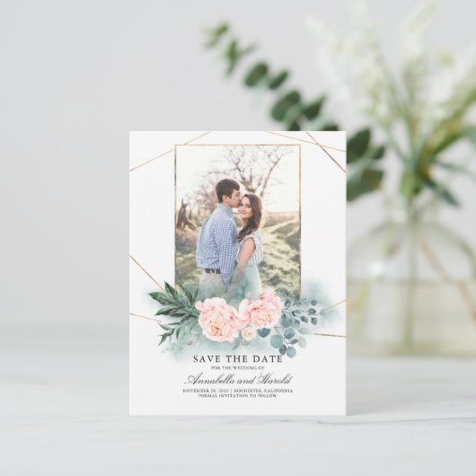 Carte Postale Faire-part Fleurs roses et verdure Photo Enregistrer la date (Debout devant)