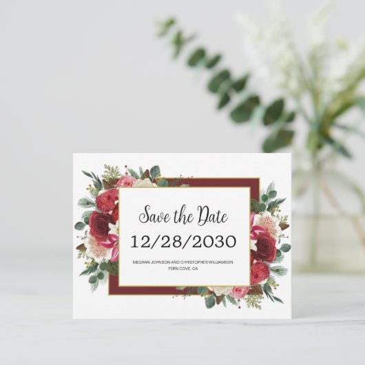 Carte Postale Faire-part Fleurs Rouges Rustiques Mariage d'Hiver Enregistre (Debout devant)