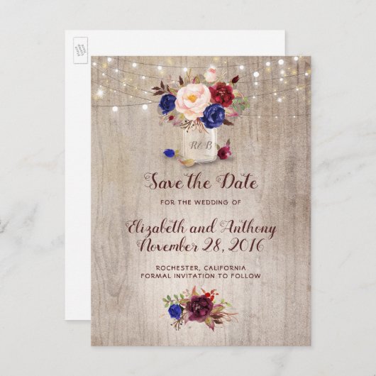 Carte Postale Faire-part Fleurs Rustiques Bourgogne Bleu Marine Enregistrer (Devant / Derrière)