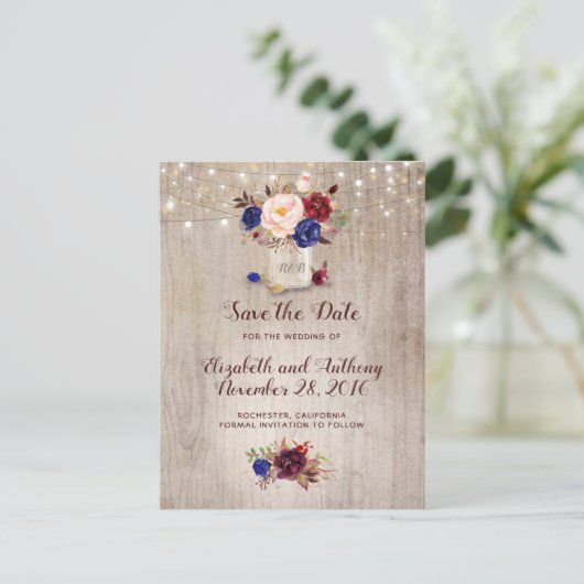 Carte Postale Faire-part Fleurs Rustiques Bourgogne Bleu Marine Enregistrer (Debout devant)